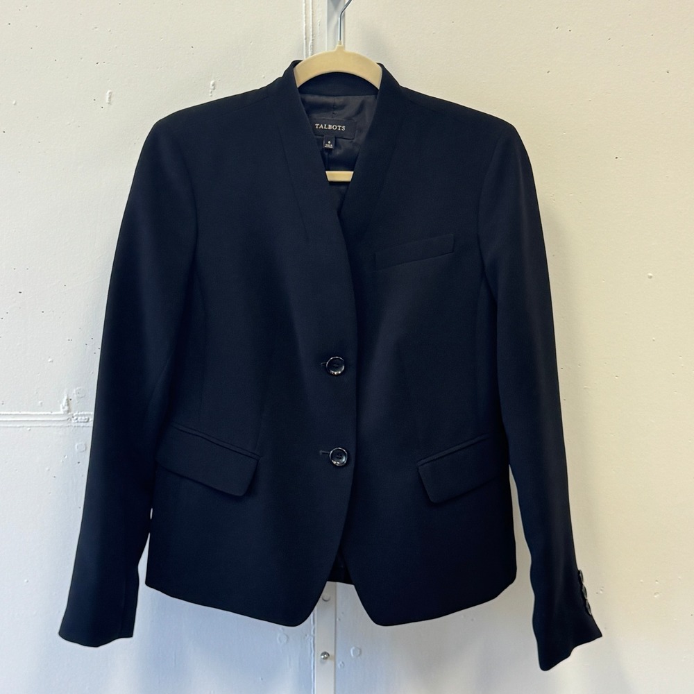 Talbots Women's Collarless Blazer Two Button Lined Suit Jacket Sz 6 Black Career